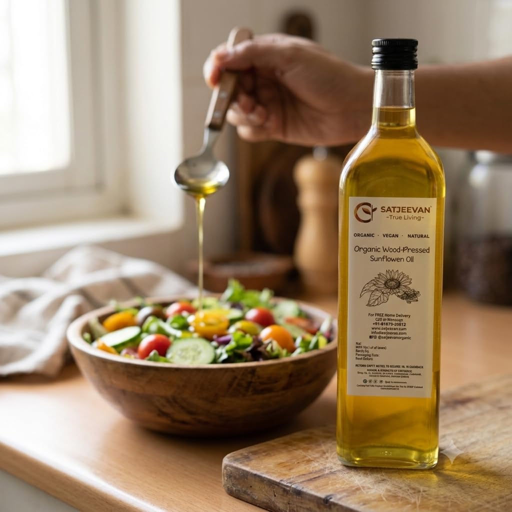 Satjeevan Organic Wood-Pressed Sunflower Oil 1000ml | NPOP Certified, Cold-Pressed | Traditional Lakdi Ghani Method 3