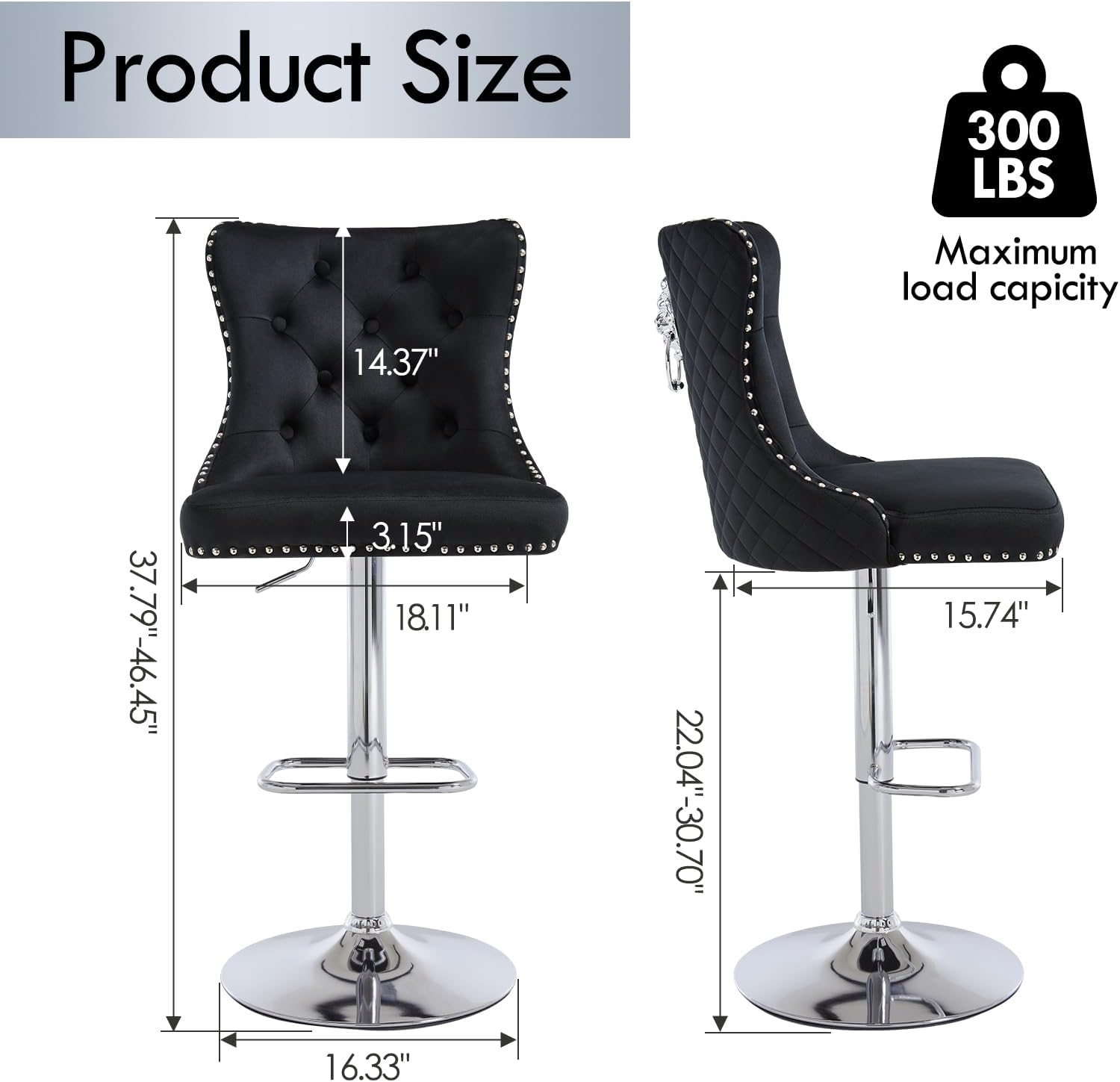 Velvet Bar Stools Set of 2, Modern Swivel Bar Height Stools with Lion Pull Ring, Adjustable Counter Height Chairs with Chrome Footrest/High Tufted Back for Kitchen Island/Dining/Cafe, Black