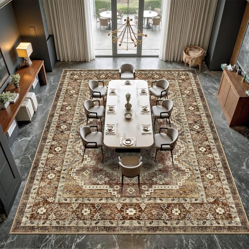 Rugland 9x12 Area Rug - Stain Resistant Washable Rug, Anti Slip Backing Rugs for Living Room, Vintage Tribal Area Rugs (TPR07-Rust, 9'x12')