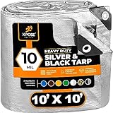 Heavy Duty Poly Tarp - 10' x 10' - 10 Mil Thick Waterproof, UV Blocking Protective Cover - Reversible Silver and Black - Laminated Coating - Grommets - by Xpose Safety