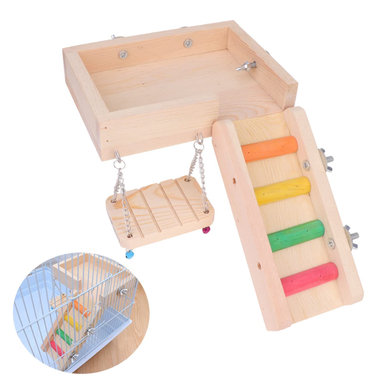 HANABASS Set de 3 Jouets pour Oiseaux en Bois Balançoire, Échelle et Jouet à Mâcher pour Perroquets et Petits Oiseaux, pour Explorer et Développer L'équilibre