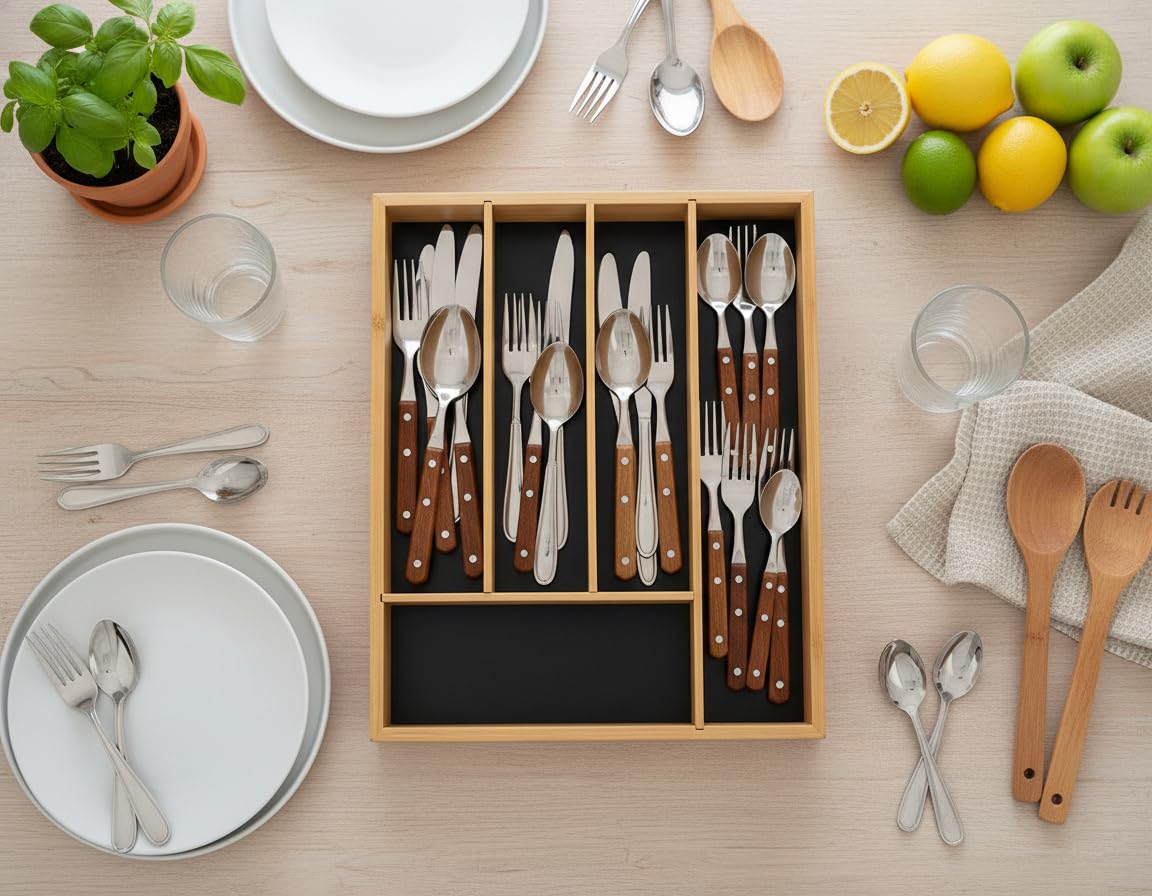 Range Posate in bambù – Organizer per cassetti da cucina a 5 scomparti – resistente e sostenibile ecologico (34 x 25 x 4 cm)