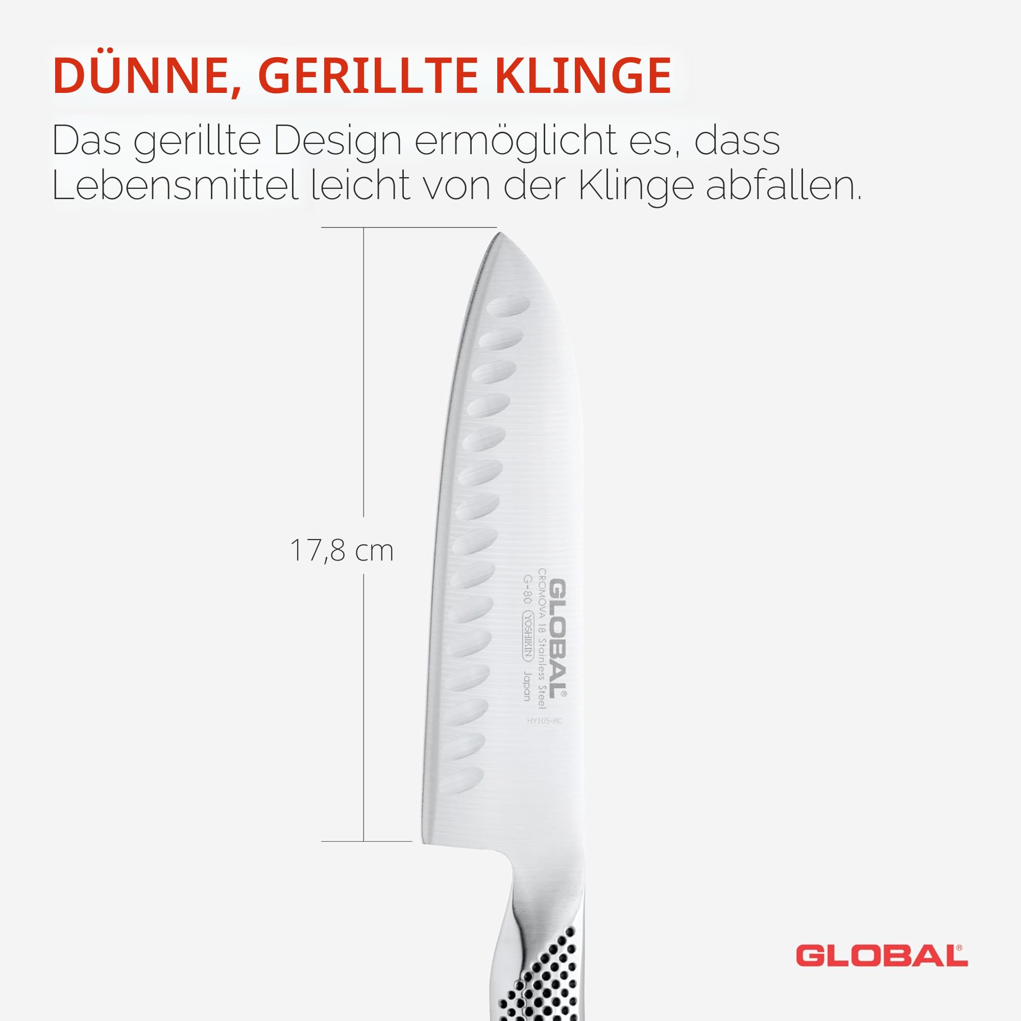 GLOBAL G-80 Santokumesser mit Kullenschliff – 18 cm – japanisches Profi-Santoku aus Cromova 18 Edelstahl