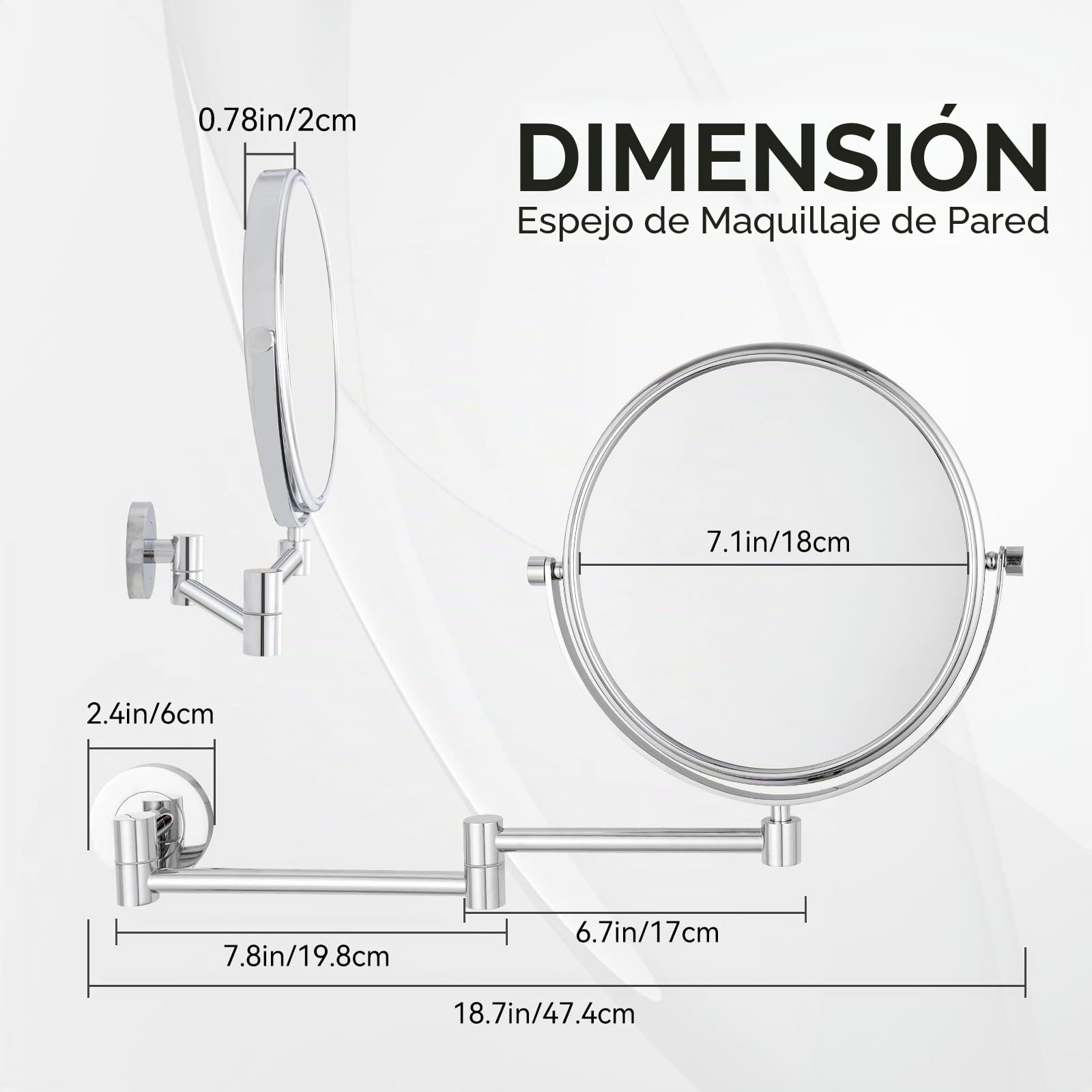 Nicesail Espejo Maquillaje Pared Extensible - Espejo de Aumento x10 Plata - 360° Giratorio - Doble Cara - para Afeitar Baño,Diámetro 20 cm