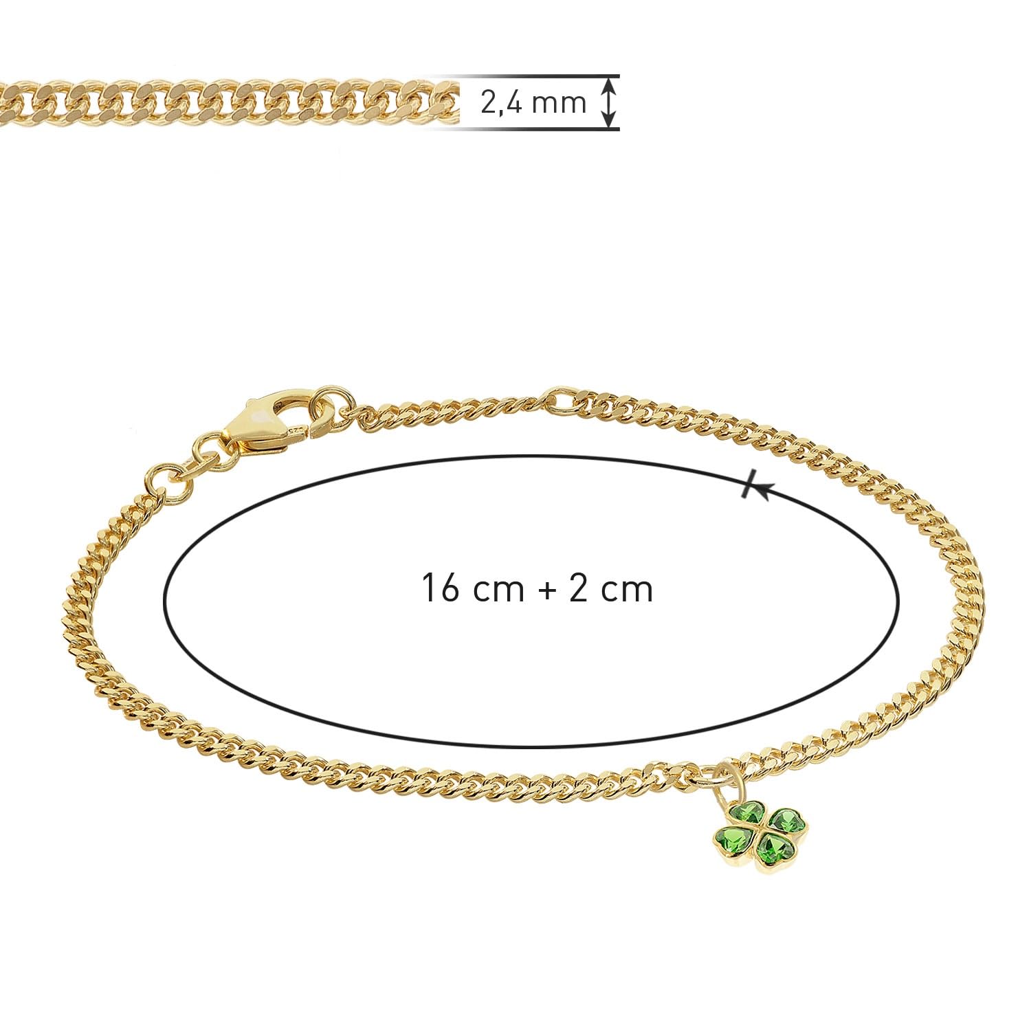 trendor Pulsera infantil con trébol verde, plata 925, chapada en oro, 21663 | Pulsera cómoda de cadena plana, joyería elegante para niños,
