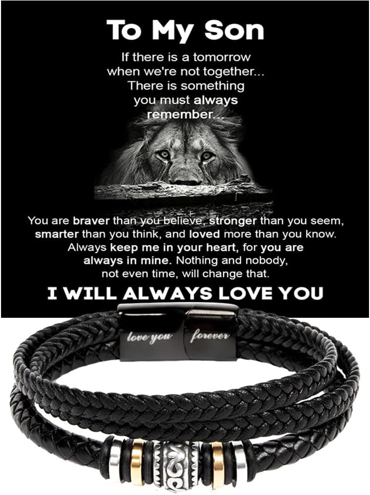 To My Son Bracelet, Braided Leather Bracelet with Stainless Steel Beads, Inspirational Message Card, Gift from Mom and Dad, Birthday Graduation Christmas Gift for Son, Keepsake Jewelry for Men