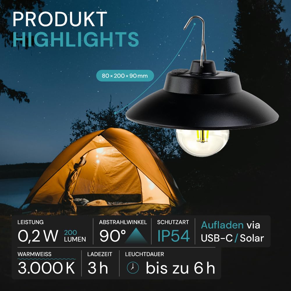 LUXULA Solar Hängeleuchte Outdoor 2 Stück - LED Solarlampe zum Aufhängen, warmweiß 3000K, 200lm, dimmbar, IP54 wetterfest, Retro Hängelampe für Garten, Terrasse, Balkon, Camping - Solar & USB-C