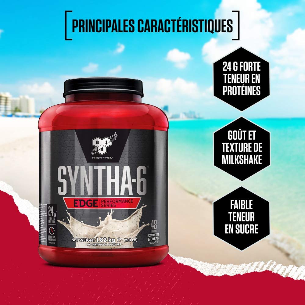 BSN Syntha 6 Edge poudre protéinée pauvre en glucides & sucre, avec isolat de protéines de lactosérum et BCAA, complément pour prise de masse musculaire, cookies & crème, 48 doses, 1,87 kg