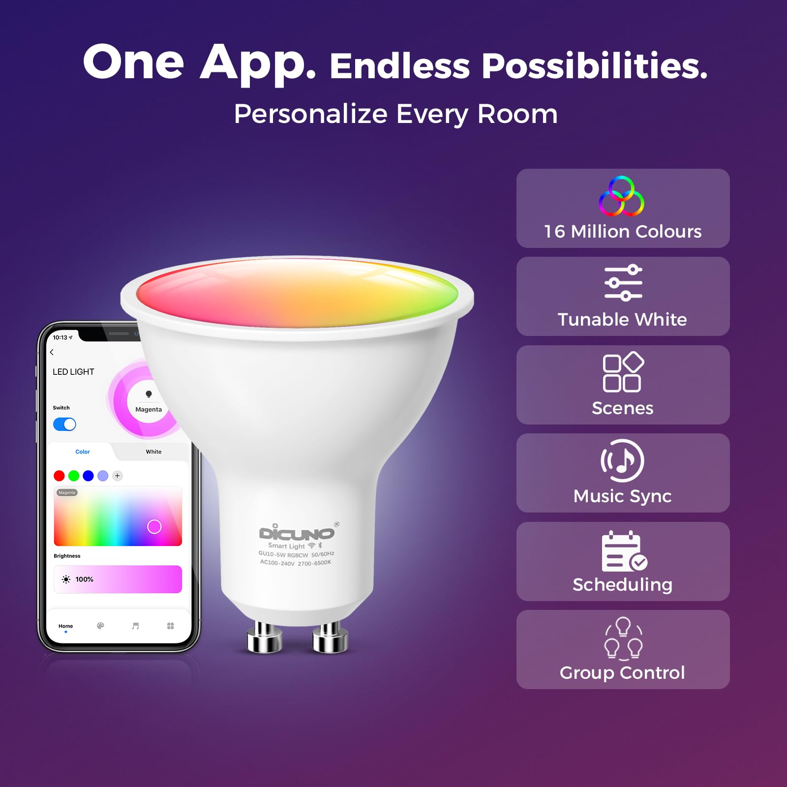 DiCUNO Bombilla LED Inteligente WiFi GU10, 5W Equiv. 50W, RGBCW, Pack de 4 | Regulable multicolor 2700K-6500K, 320lm, GU10 LED Compatible con Alexa, Google Home, No se Requiere Concentrador