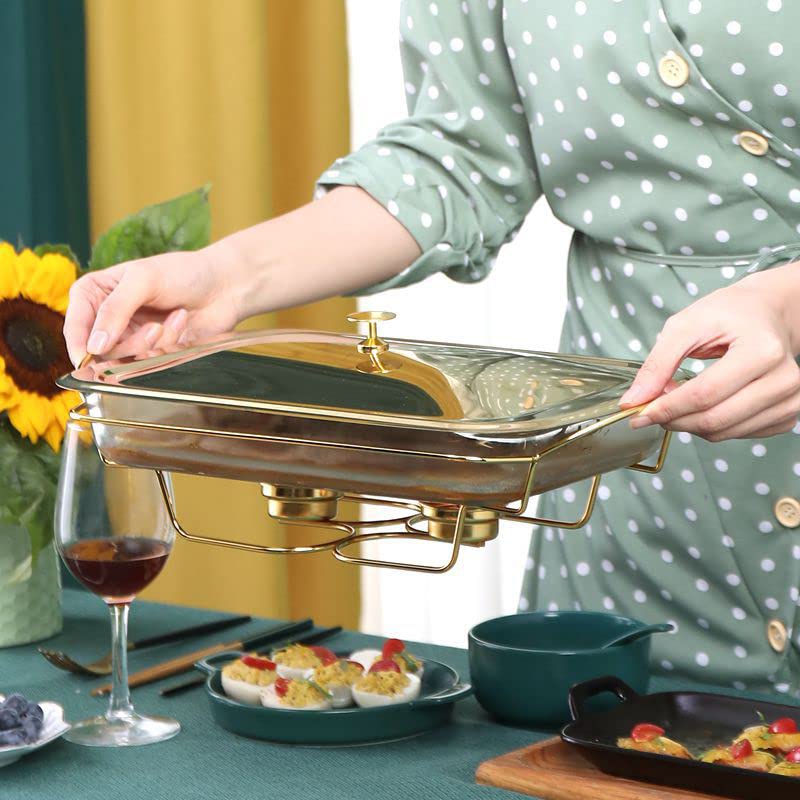 Juego de vajilla de cerámica para Buffet con Plato de Vidrio para Comida, Plato de Agua, Soporte para Combustible para Buffet/Boda/Fiesta/Banquete/Evento de Catering, Dorado (Dorado) (Dorado)