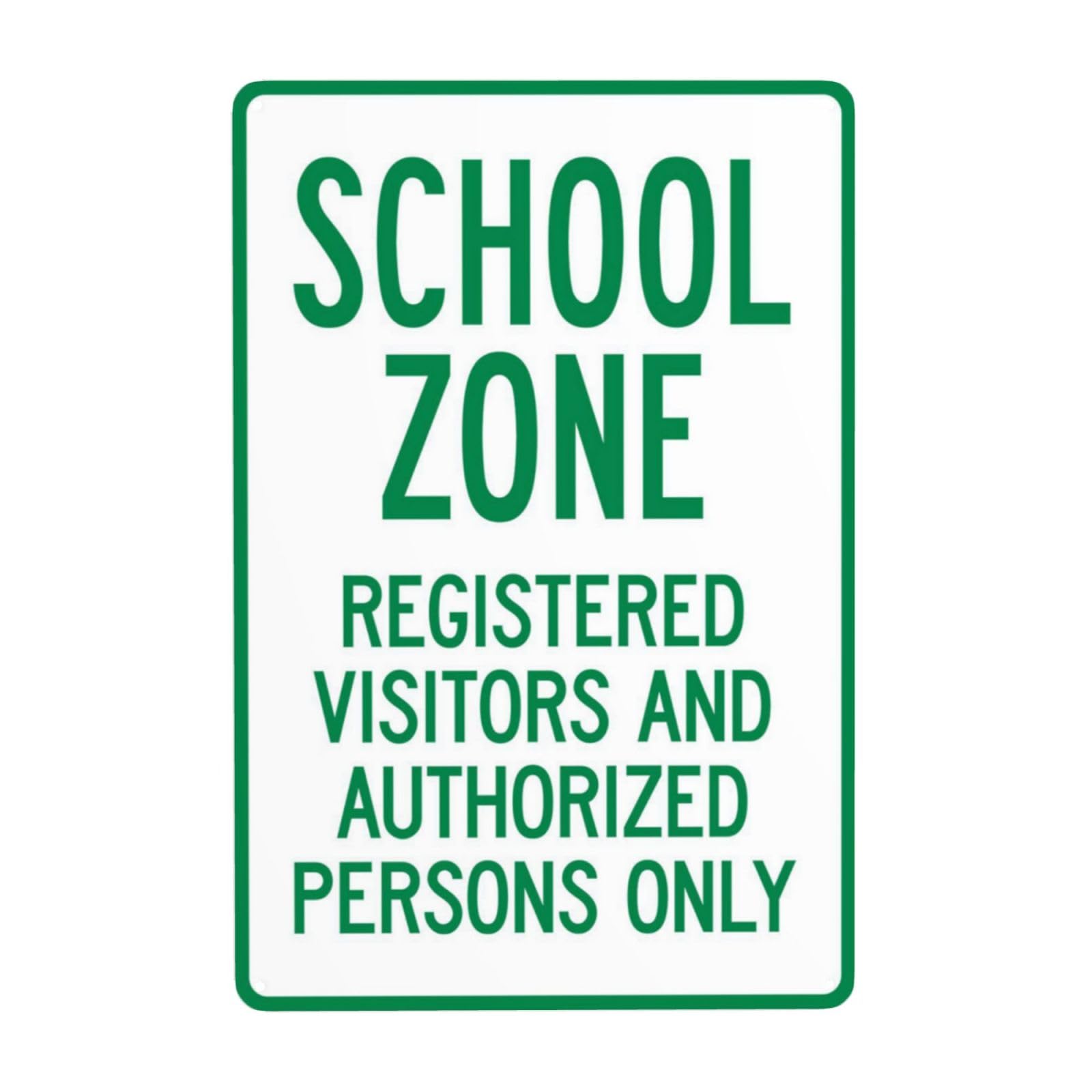 Vintage Metal Tin Sign, School Zone Registered Visitors Only Property Decor, 8x12 Inch