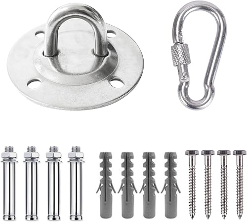 Miniatura 8 de Juego de 2 ganchos de suspensión giratorios de 360° para montaje en techo con capacidad de 1500 libras con tornillos de perno, mosquetón de bloqueo