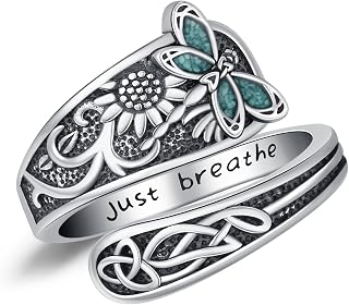 KiiKii 925 Sterling Silver Natural Gemstone Handmade Bypass Spoon Ring | Natural Turquoise, Lapis, Moonstone, Opal & Malachite Hand-Drawn Designs, Perfect Vintage Jewelry Gift for Women, Mom and Her