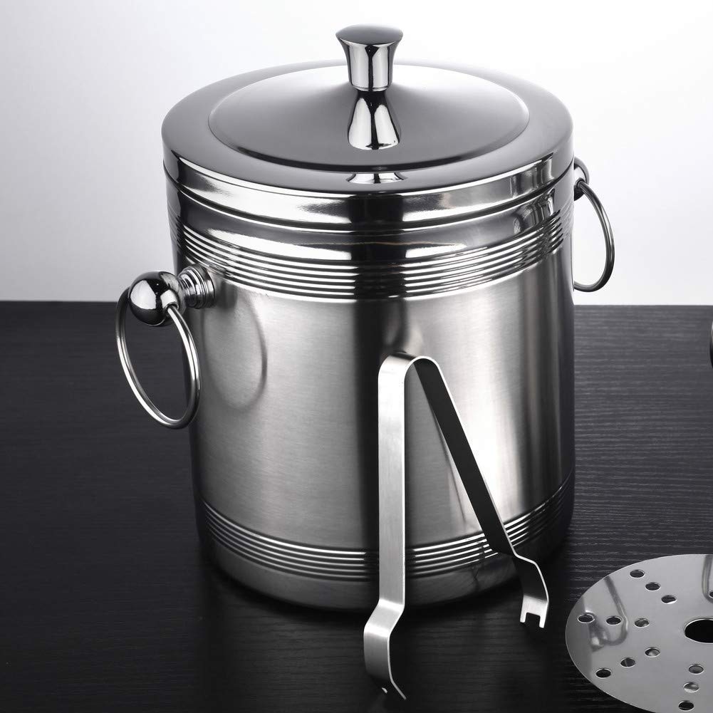 Cubitera de Acero Inoxidable con Pinzas, Enfriador de Vino de Doble Pared con Aislamiento, Tapa Resistente y asa de Transporte para Fiestas, barbacoas y Bares.