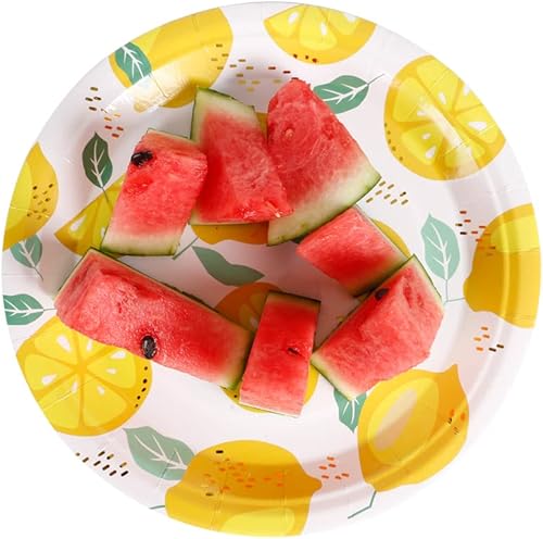 Miniatura 8 de Platos de fiesta de papel de limón metálico dorado, platos de postre desechables de lámina dorada a granel, platos decorativos de frutas florales de