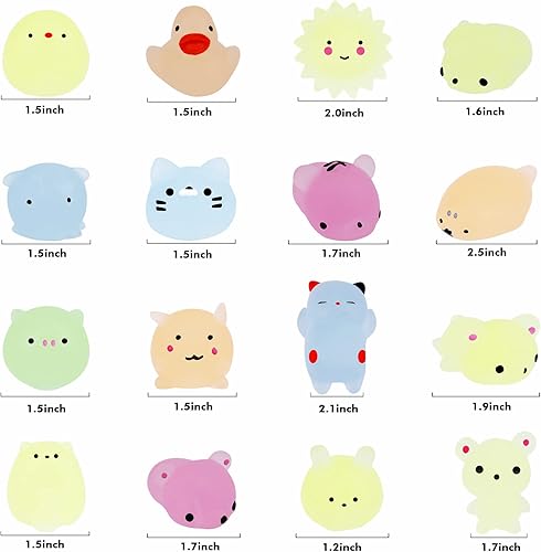 Miniatura 10 de Outee Juego de 100 juguetes Mochi para el estrés con caja de regalo, mini juguetes esponjosos que brillan en la oscuridad de animales y frutas,