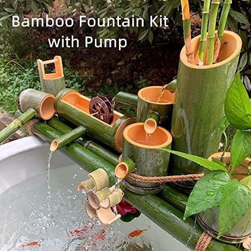 Natural Bamboo Water Fountain, Water Features Kit with Pump & Feng Shui Wheel, Garden Fountains Outdoor Patio, for Indoor Pond Fish Tanks Flower Pots,60cm