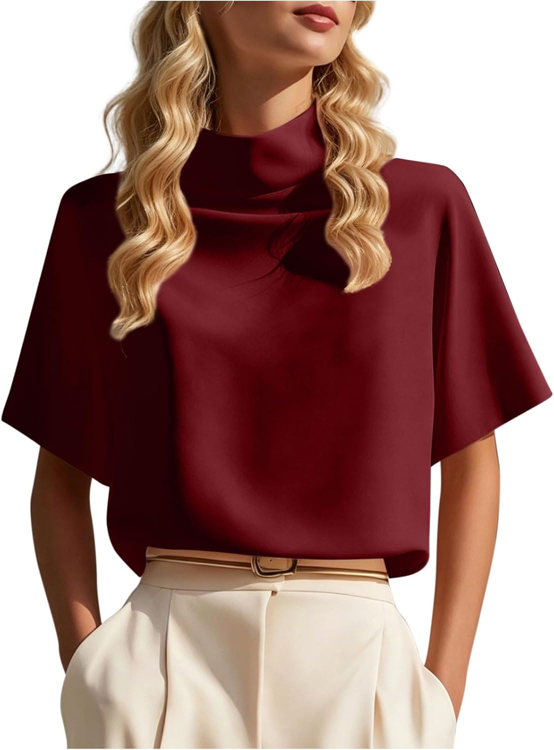 Women's Mock Neck T Shirt Short Sleeve Elegant Loose Fit Business Casual Blouse Summer Fashion Work Dressy Tops