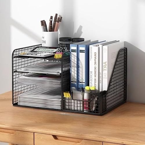 Momgla卓上ラック 卓上収納ラック 引き出し付き ファイルボックス 4仕切りペン立て付き レタートレー 書類ボックス 棚 金属製 メッシュ ペン 新聞/雑誌/A4ファイル/フォルダ/書類/小物入れ 机上/デスク/プリント/オフィス/事務用品整理メタルス