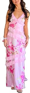 Women Sexy Ruffle Frill Bodycon Maxi Dress V Neck Backless Satin Silk Lace Up Tie Straps Y2K Floral Long Dresses - Buy now