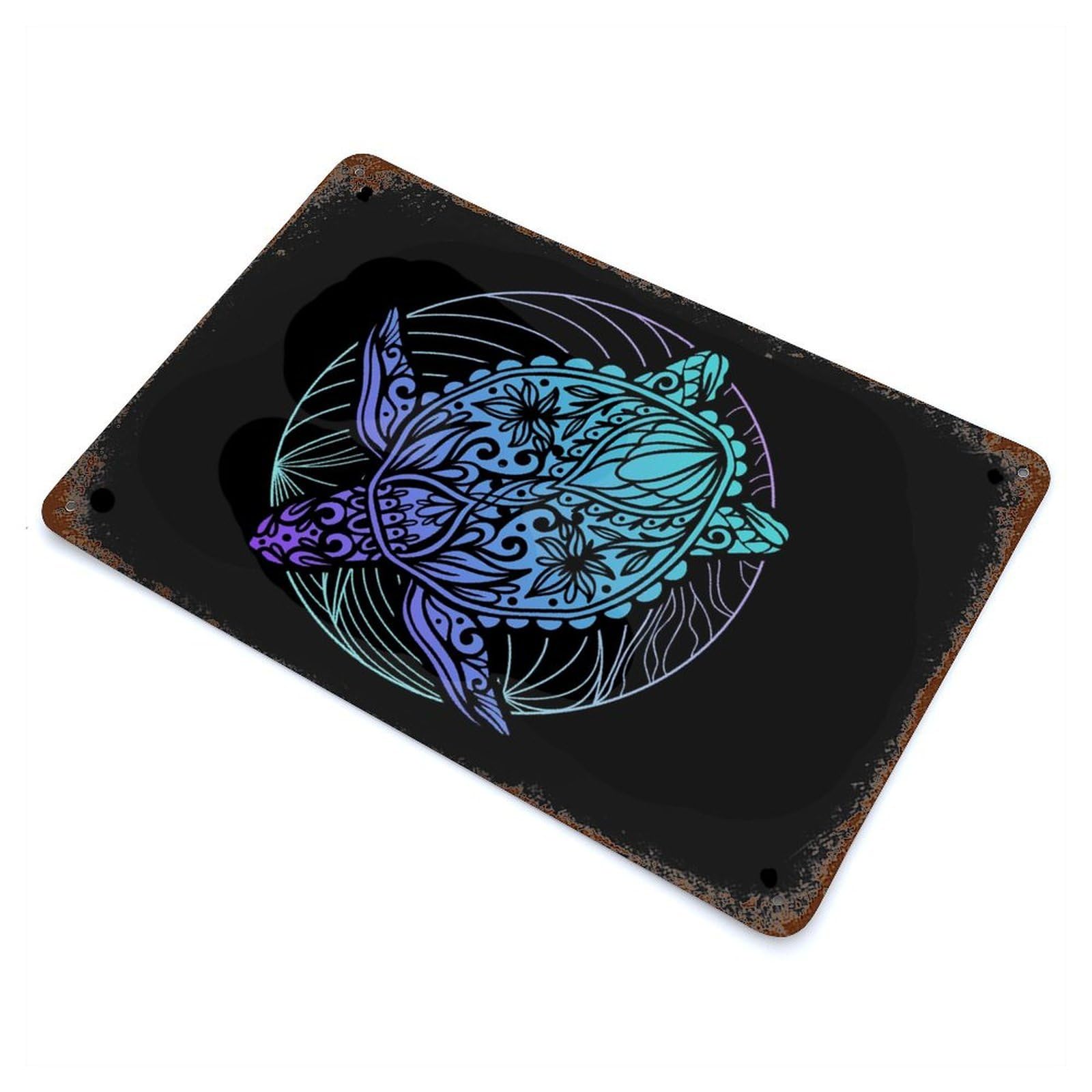 Aged Metal Wall Plaque with Turtle Mandala Design 11.8"x7.9", for Farmhouse, Kitchen And Entryway Decor, Old School Wall Decor