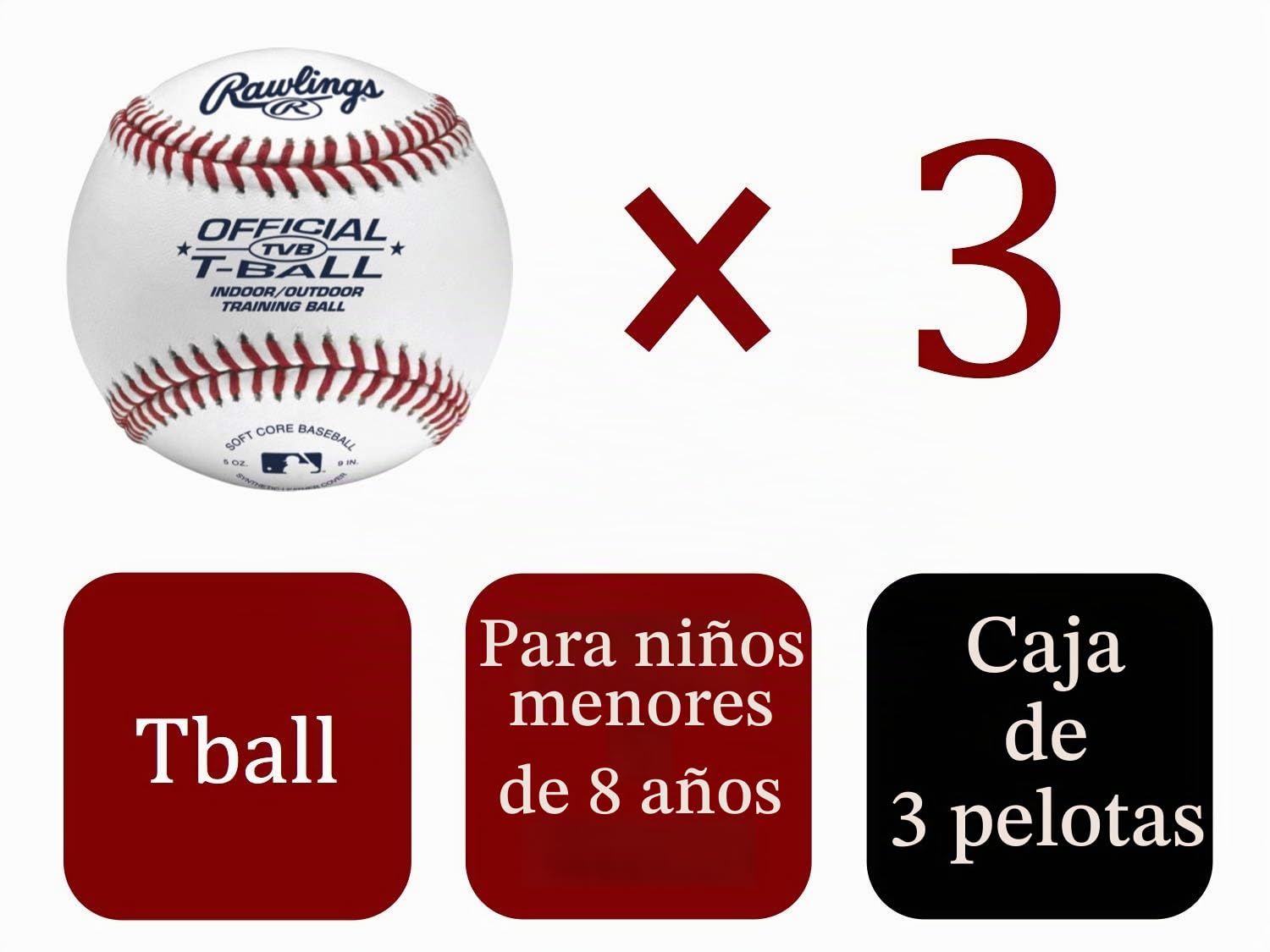 Rawlings - Pelota de T-ball juvenil o entrenamiento de béisbol, 3 unidades, TVBBOX3, blanco, tamaño oficial
