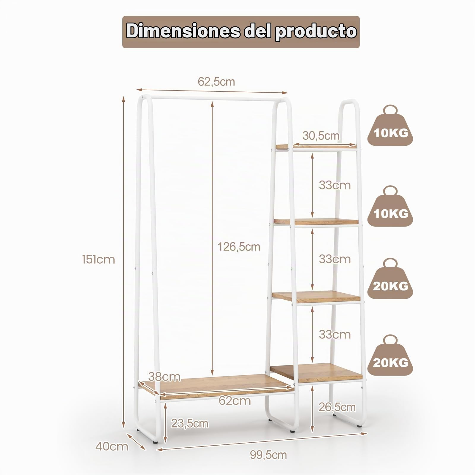HOMASIS Perchero burro ropa de 5 niveles, Colgador de suelo con zapatero de madera, Estantes de almacenamiento para colgar Ropa, Perchero abierto con pies ajustables, 99,5x40x151cm (Natural + Blanco)