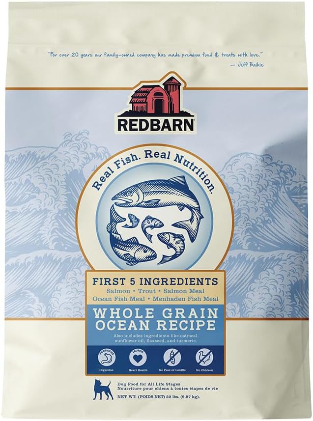 Redbarn Whole Grain Adult Dry Dog Food Kibble - Ocean Fish Recipe - Made in USA No Chicken Recipe with Functional Ingredients to Support Healthy Heart, Skin, Coat, Immunity & Digestion - 22lb