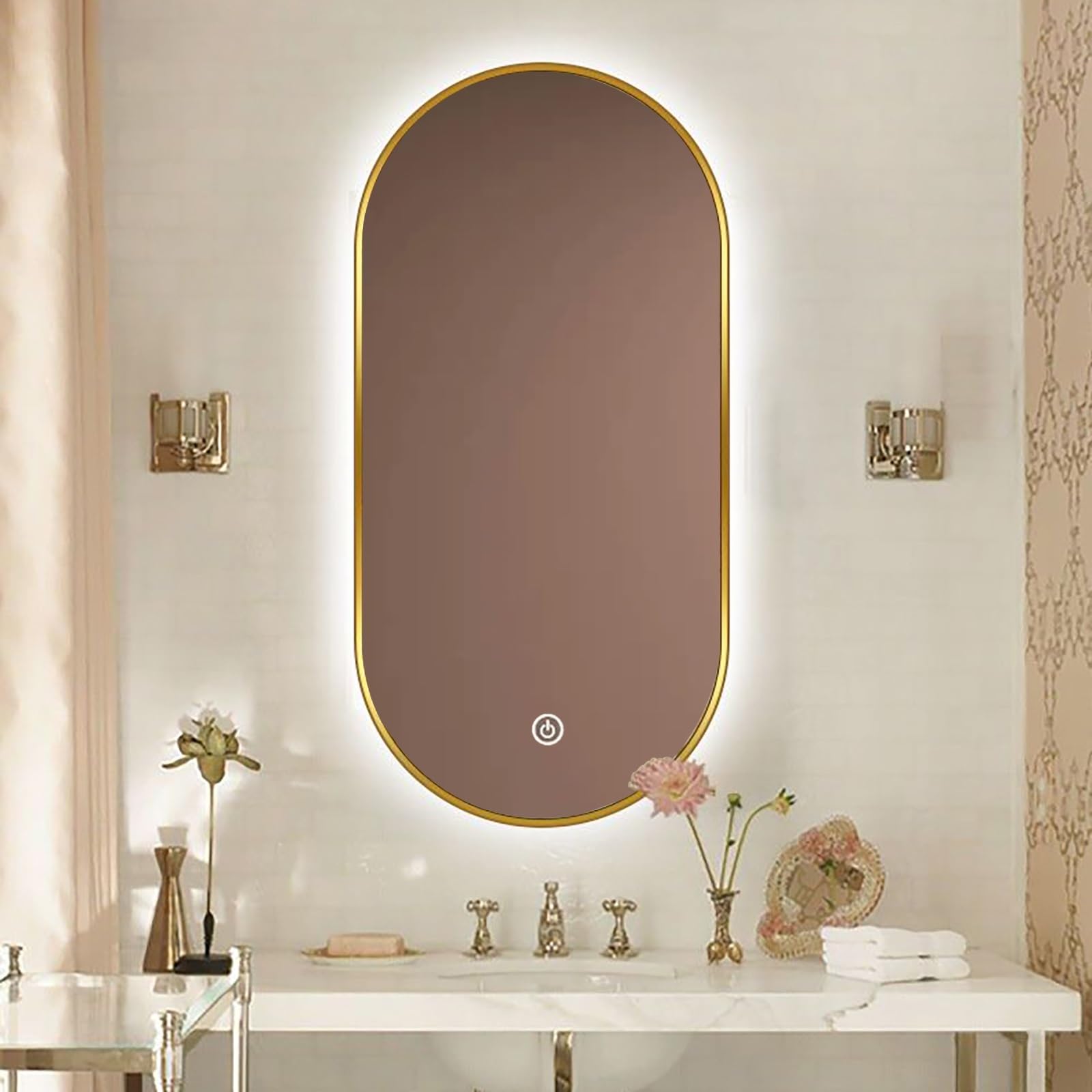Atwnjkp Dimmable LED Bathroom Mirror 40x80cm(15.7x31.5in) – Wall Mounted Oval Mirror with 3-Color Memory Function, Aluminium Framed Vanity Mirror for Makeup Station, Corridor or Bedroom, Gold