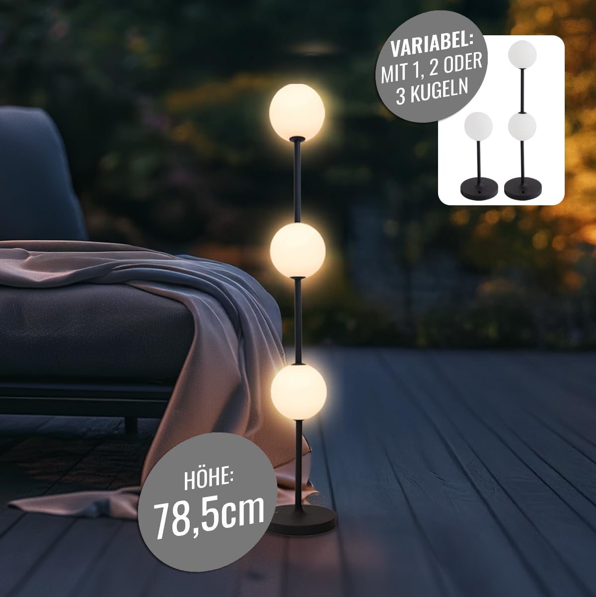 8 seasons design LED Akku Stehlampe, innen & außen, 78,5cm - Glowing Elegance - dimmbar, Licht warmweiß, wetterfest - kabellos, USB-C & Powerbank-Funktion - Wohnbereiche, Balkon oder Terrasse