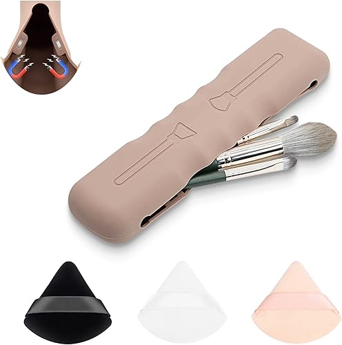 Bolsas de cosméticos de viaje para mujer  Bolsa magnética para brochas de maquillaje con 3 piezas de polvo triangular, lindo organizador portátil de