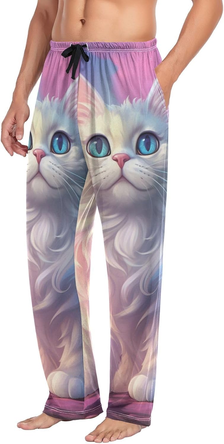 ALAZA Cat Kitten Cartoon Men's Sleepwear Mens Pajama Pants Bottoms with Pockets, S