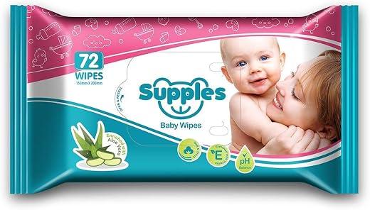 Amazon Brand – Supples Baby Wet Wipes| 72 Wipes| Enriched With Aloe Vera and Vitamin E | Alcohol-Free and Paraben-Free | Pure Water-Based formulation