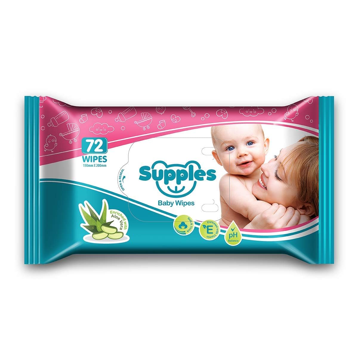 Amazon Brand - Supples Baby Wet Wipes| 72 Wipes| Enriched With Aloe Vera and Vitamin E | Alcohol-Free and Paraben-Free | Pure Water-Based formulation
