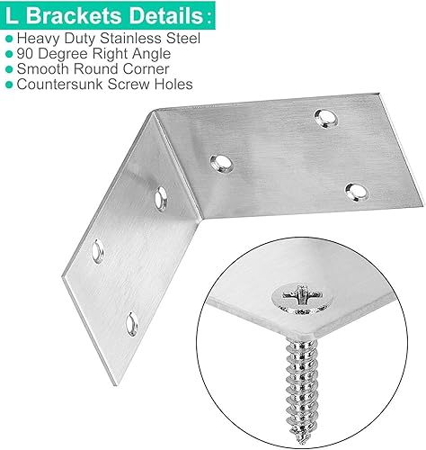 Miniatura 3 de 10 soportes en L de acero inoxidable, soporte de esquina ancha resistente de 3.3 x 1.9 pulgadas, soportes de ángulo de 90 grados, soportes de