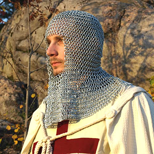Image of AnNafi Chainmail Coif | Medieval Reenactment Armor Costume | U-Neck Aluminum Chain Mail Hood Armor Replica | Butted Rings Chain Mail Coif Silver | Wearable for Adult | Armour SCA LARP Replica