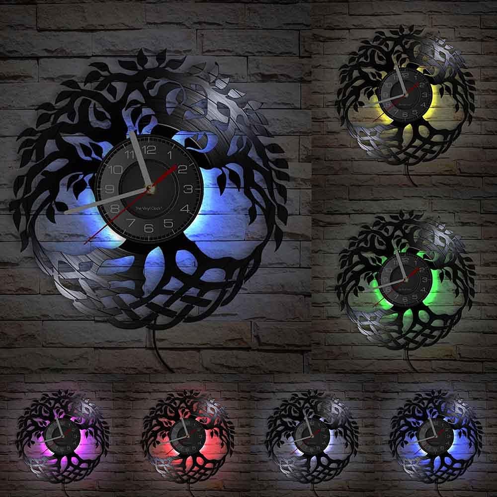 Celtic Tree of Life LED Wall Clock 7 Colors Changing, Silent Non Ticking Quartz Battery Operated Wall Watch Clock Vintage Decorative Analog Night Light Wall Clock Housewarming Gift(12inch)