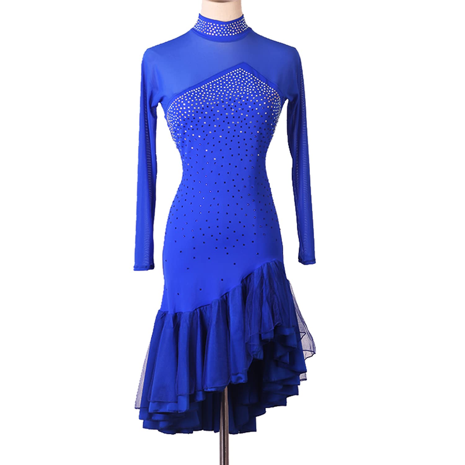 Latin Dance Dress Women Hollow Cha Cha Costumes Ballroom Performance Dresses Flamenco Waltz Dance Practice Skirts,Royal Blue,M