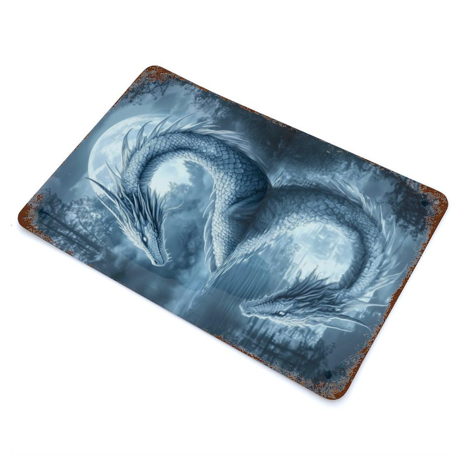 Rust Effect Magical Silver Dragon Rustic Tin Plaque 11.8"x7.9", Decorative Metal Wall Art for Farmhouse, Kitchen And Entryway Decor
