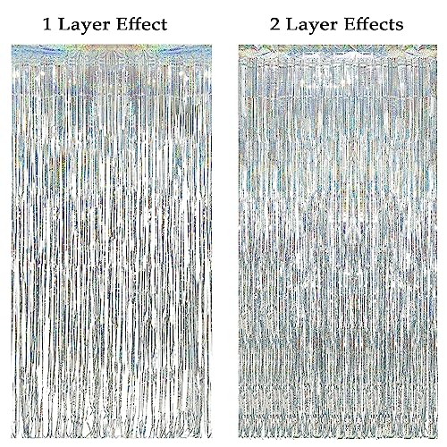 Image of 4 Pack Silver Fringe Backdrop 12.8x8.2 Ft Sparkle Metallic Tinsel Foil Fringe Curtain, Silver Tinsel Backdrop Curtain Door Streamers for Birthday Bachelorette Graduation Christmas Party Decorations