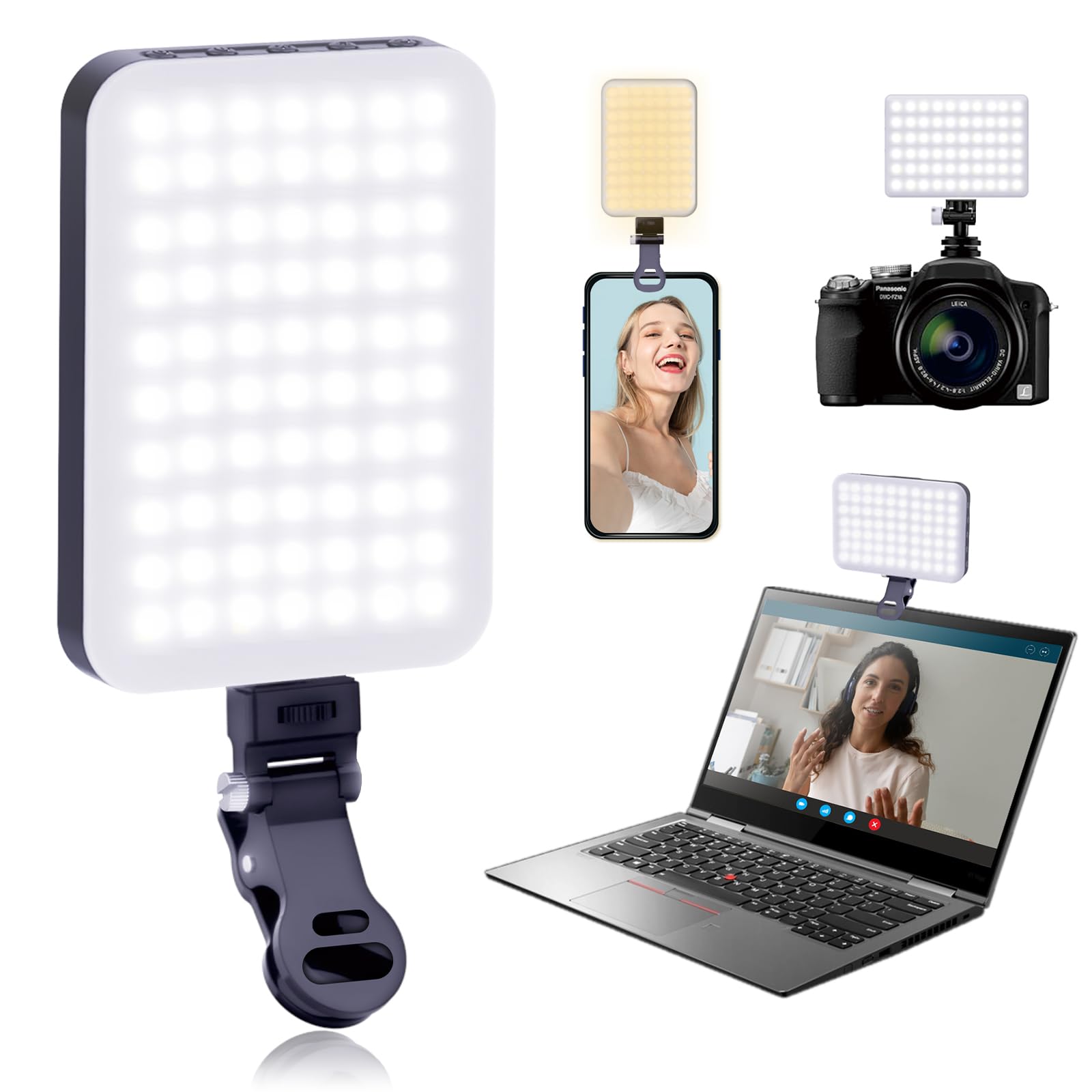 60 LEDs Selfie Light, 3 Lighting Modes, Rechargeable Clip on Phone/Laptop/Camera Light & CRI 97+ for Laptop/Phone, iPhone Camera, Video Conference, Youtube, TikTok, Makeup Vlog (Black) — view 7