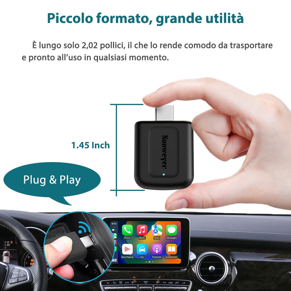 Sunweyer Wireless CarPlay & Android Auto Dongle 2 IN 1 Scatola di Connessione Automatica, Porta USB di Tipo C, Supporta Aggiornamenti Online Adattatore Cablato a Wireless (Type-C Port)