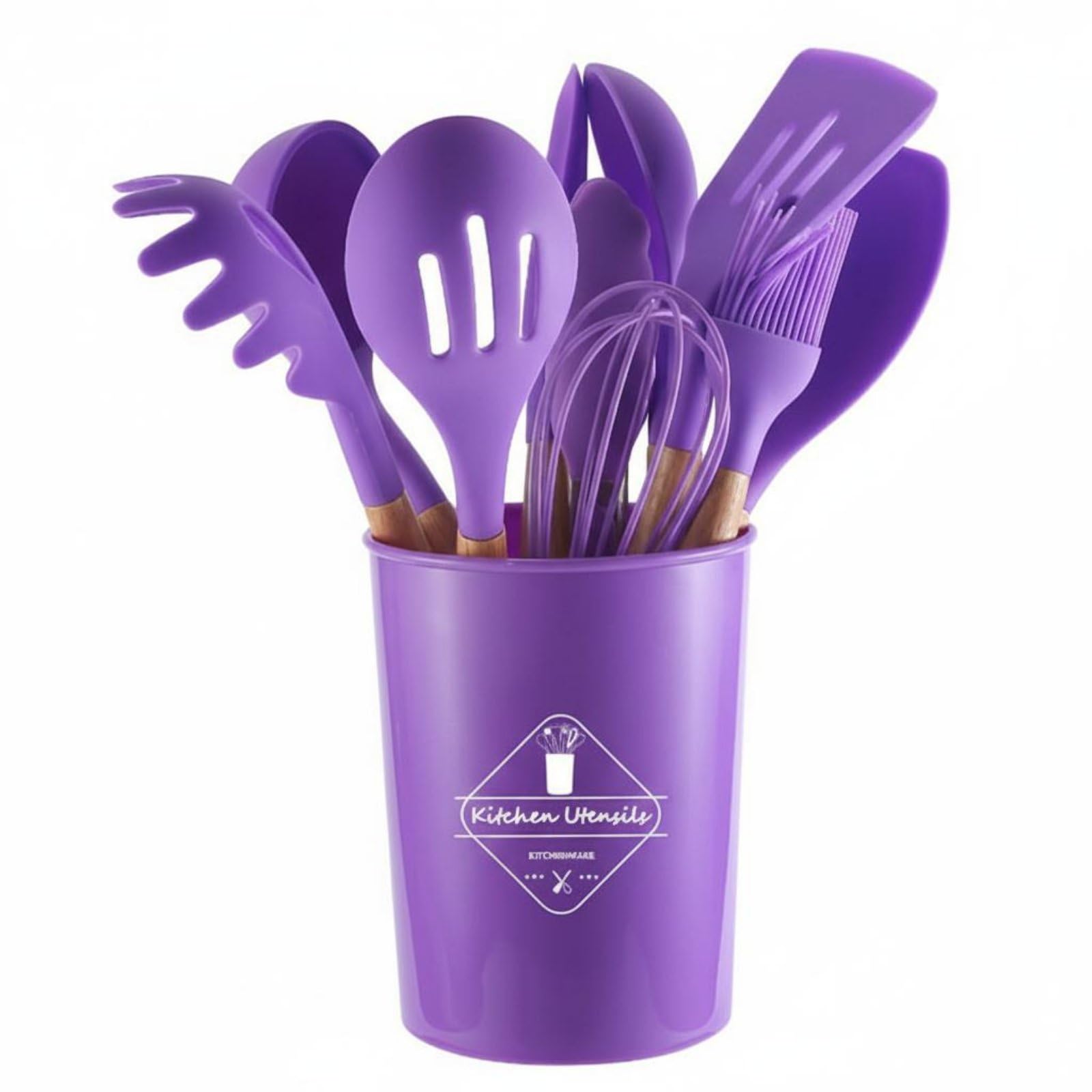kowaku Ustensiles de Cuisine en Silicone Ustensiles Spatules Fouet Louche avec Seau de Rangement Manche en Bois Isolant Résistant à 230 Cm Silicone, Purple