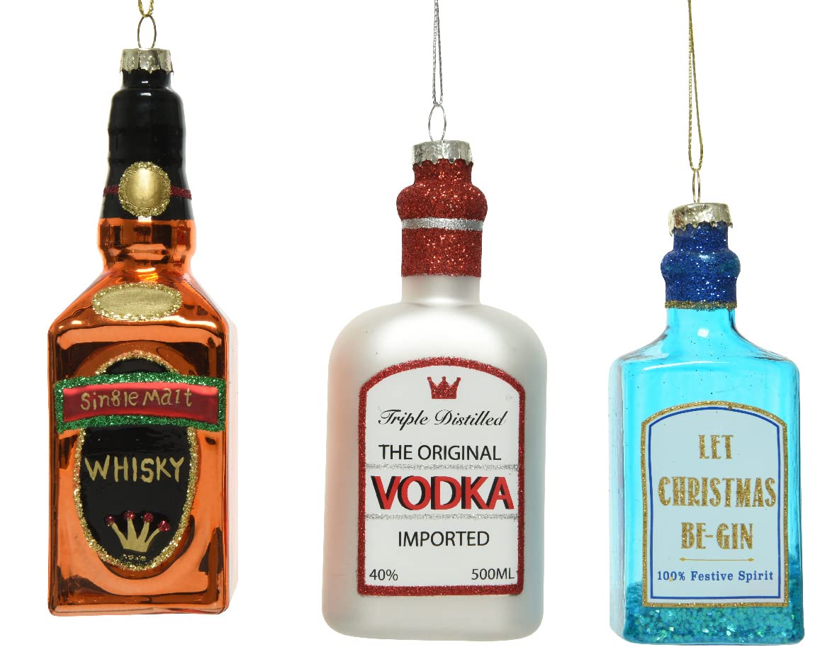 Festive Glass Bottle Christmas Ornaments – Whisky, Vodka, Gin, Colorful Holiday Decorations, Set of 3 (Whisky, Gin & Vodka Set)