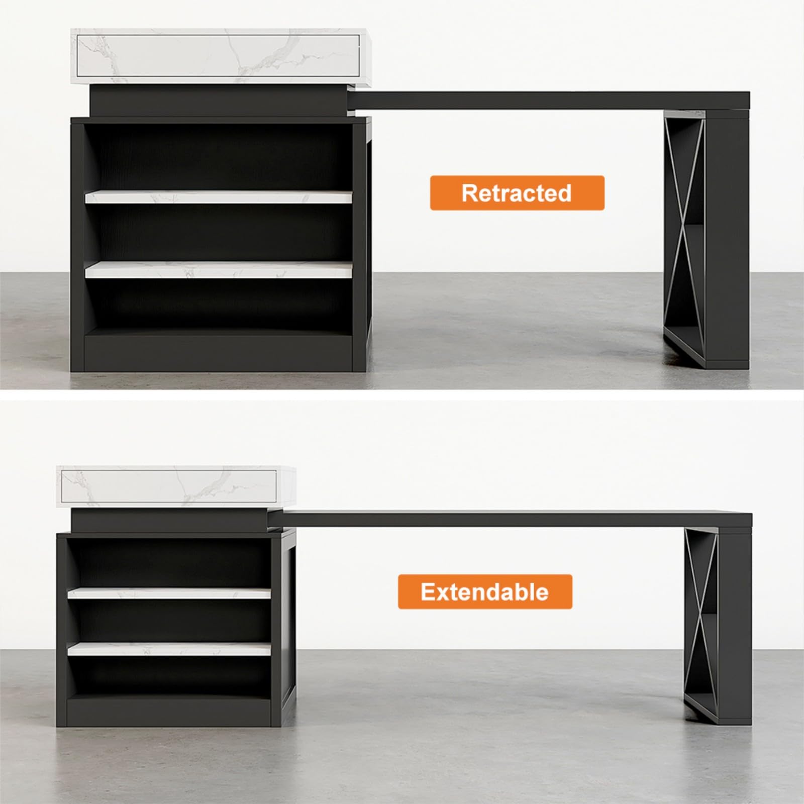 Homary Isla de Cocina Extensible con Almacenamiento múltiple para Cocina y Comedor, hacia la Derecha 185-235cm x 90cm (Blanco Mate y Negro)