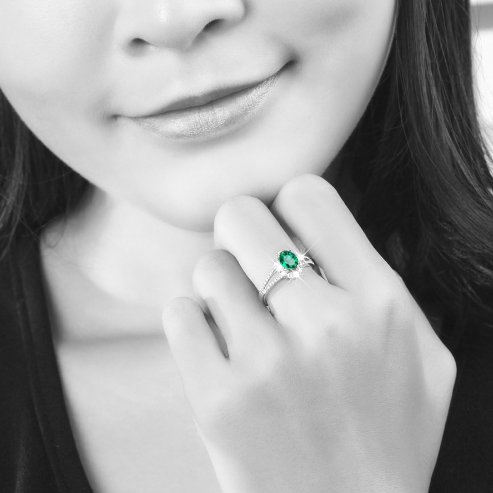 Anillo de compromiso para mujer de platino, anillos de promesa de boda con esmeralda ovalada de 1 ct y moissanita 0,39 quilates, tamaño H 1/2-V 1/2