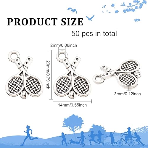 Miniatura 2 de DICOSMETIC 50 dijes de raqueta de tenis a granel estilo tibetano de aleación de plata antigua, dijes de raqueta de tenis para joyería y