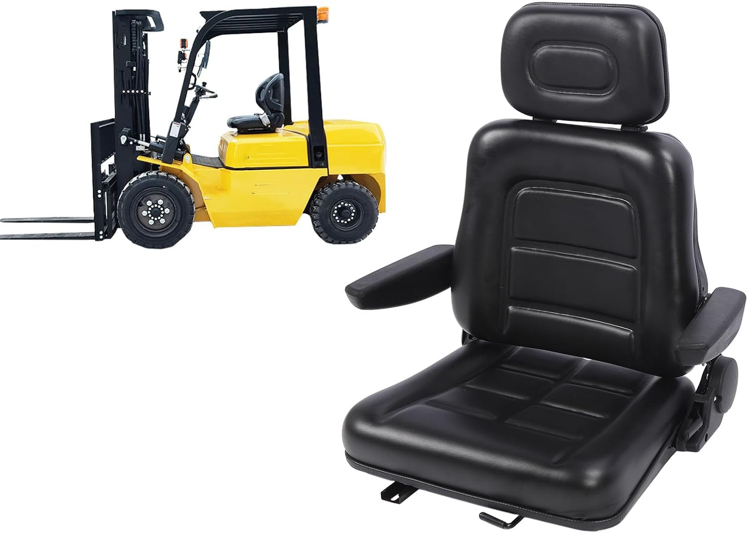 Fafeicy Forklift Seat with Adjustable Headrest PVC Leather Durable Design 30 to 180 Degree Tilt Ergonomic Universal Fit for Skid Steer Excavator Lawn Mower (With armrest)