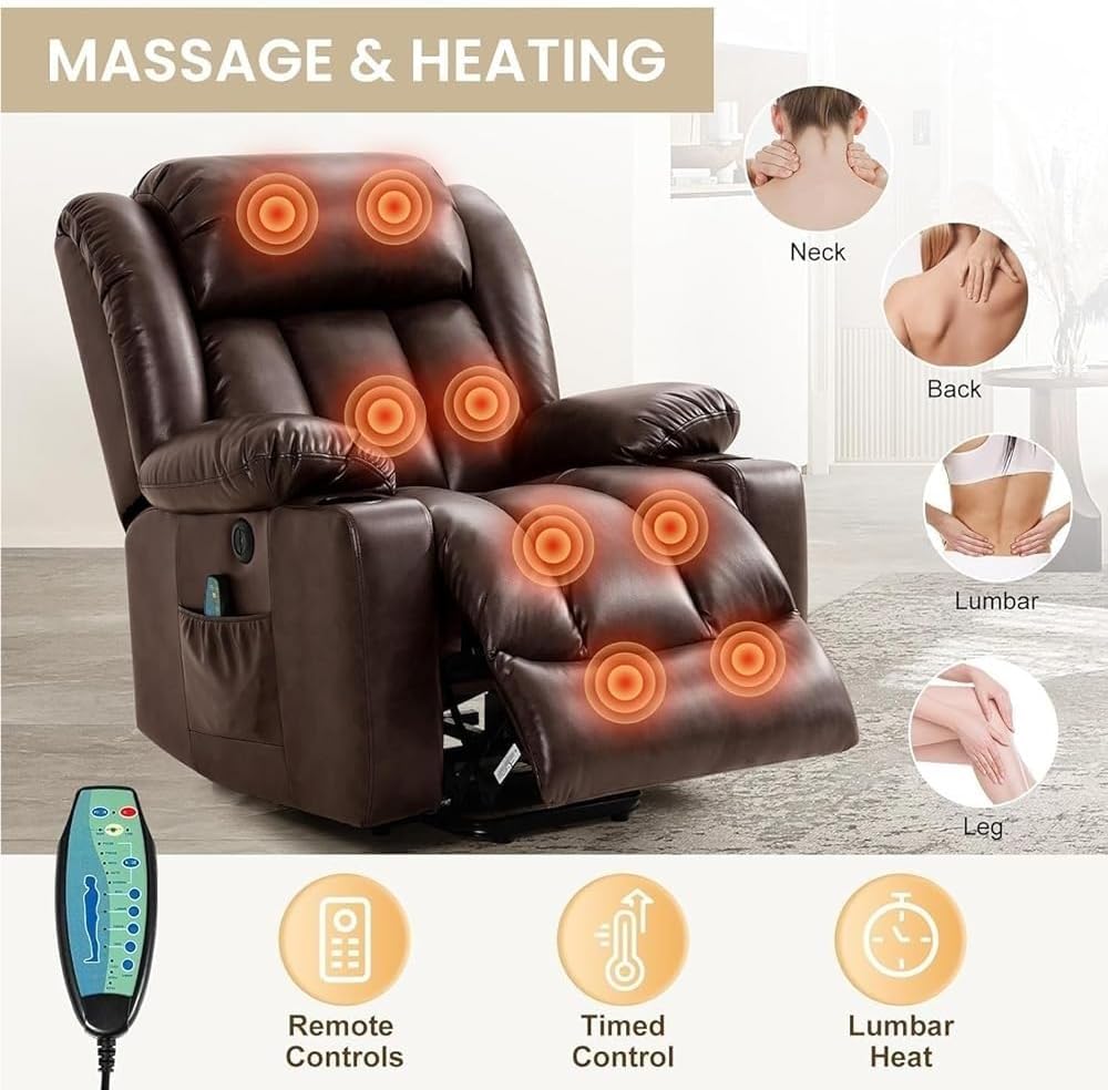 Lift Recliner Sofa for Elderly Adults Heated Massage Breathable Leather Adjustable Remote USB Ports Metal Support Brown Living Room Chair with 2 Cup Holders