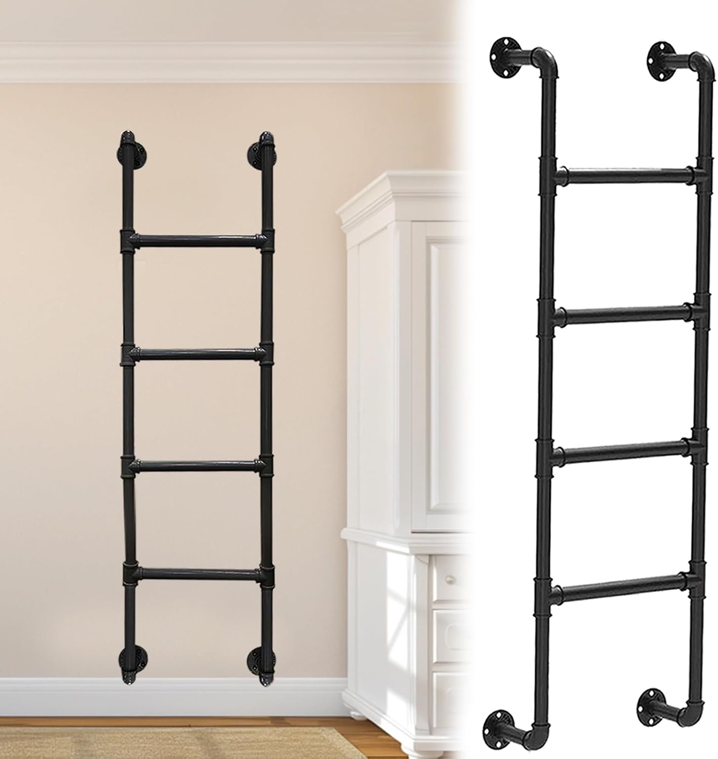 Metal Bunk Bed Loft Ladder Wall Mounted Egress Ladder for Attic Dorm RV Camper Black 190cm/75in